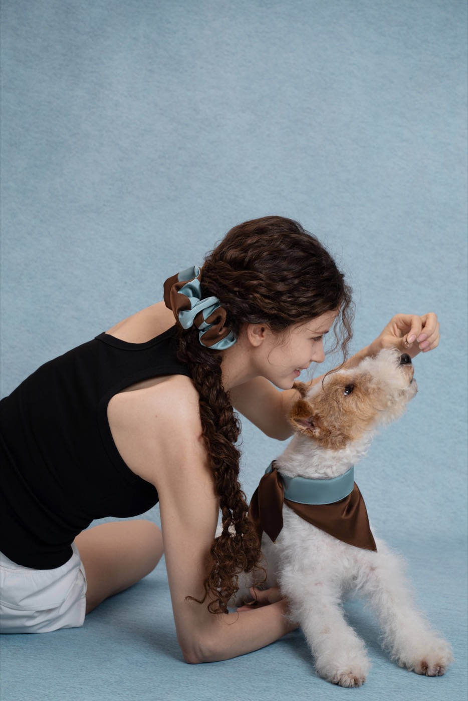 Mocha Sky matching scrunchie and pet bandana